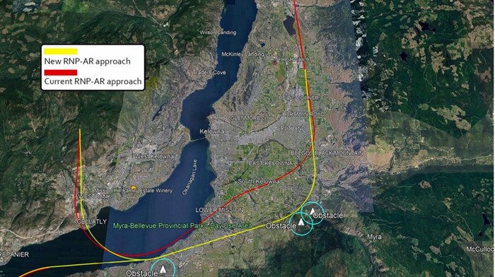 The red line shows the existing flight path for aircraft doing instrument landings from the south. The yellow line is the proposed new route.