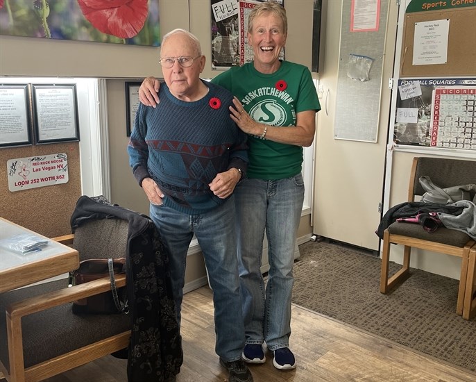 Zack Bourque (left) is a WW2 veteran in Kamloops, pictured with his friend Vicki Evans at the Moose Lodge. 