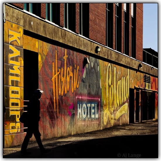 A steampunk style mural is painted on a building on 3rd Avenue in Kamloops. 