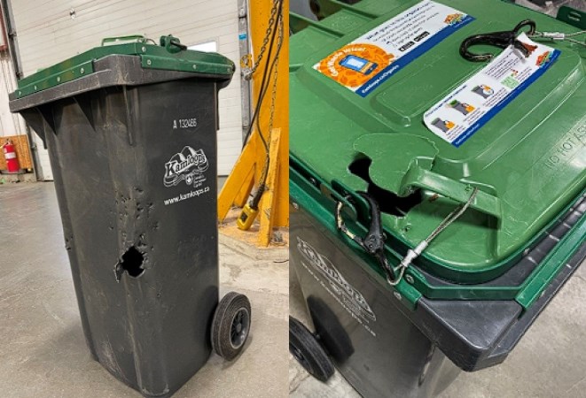 Two bear-resistant compost bins seen after bears tried to get at the food scraps inside.