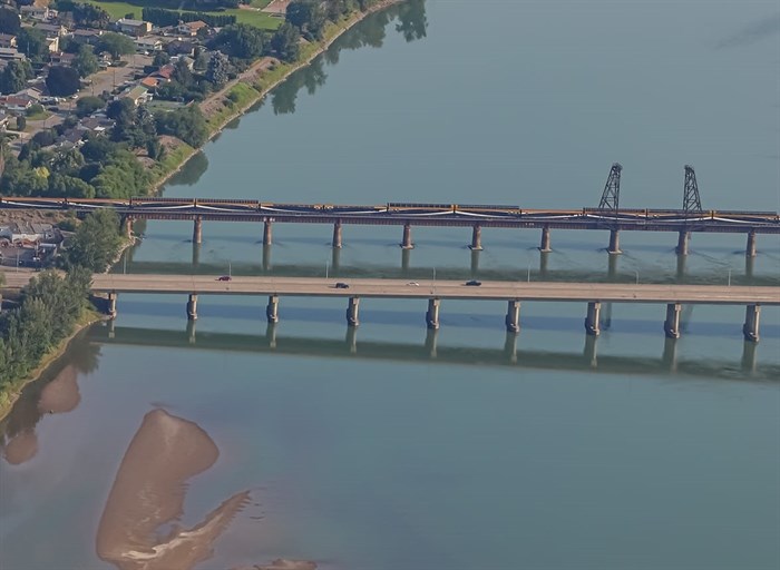 The CNR North Thompson bridge and Halston Bridge in Kamloops are pictured in this aerial photo taken in the summer of 2023.
