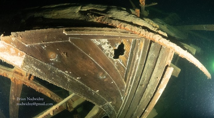 A section of the wreckage of the S.S. City of Ainsworth more than 100 metres underwater. 