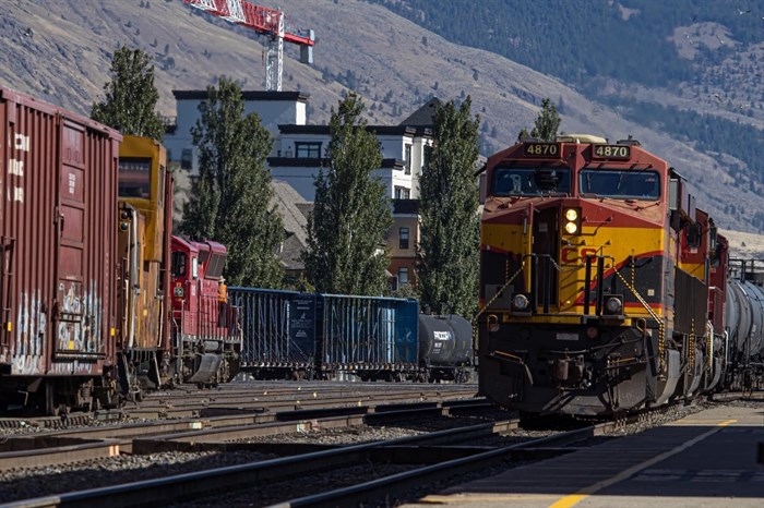 A CN train chugs along the tracks in downtown Kamloops. 