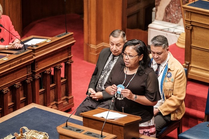 Cheryl Casimer, First Nations Summit political executive, speaking to the Legislature on the passage of DRIPA in 2019, is critical of John Rustad's promise to undo the legislation overwhelmingly supported by Indigenous leadership groups in the province.