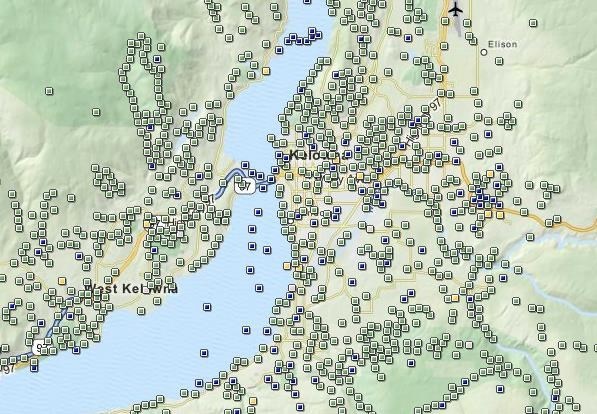 A map of geocache locations in Kelowna and West Kelowna.