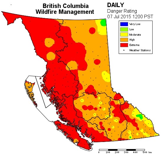 The wildfire danger rating as of noon on July 7, 2015.