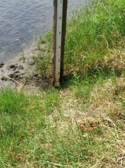 The water level on the Shuswap River in Enderby is well below the one foot marker, exceptionally low for this time of year. 