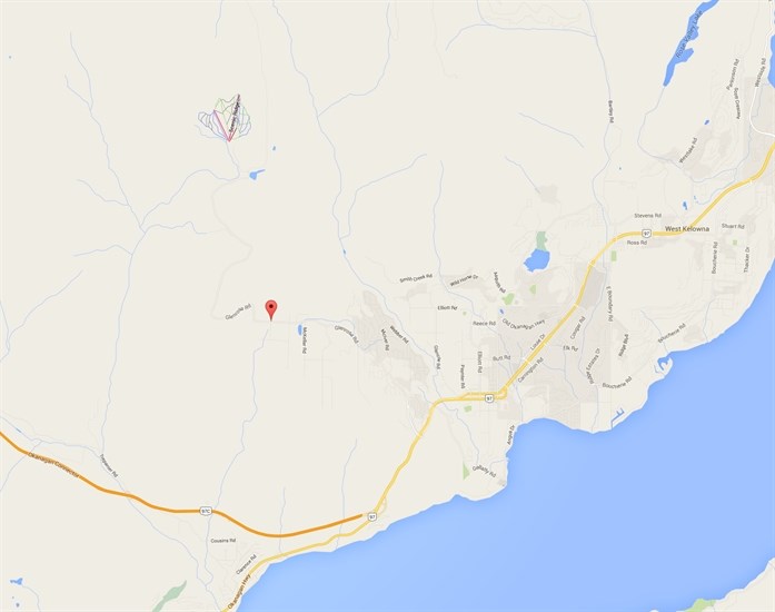 Approximate location of wildfire burning above Glenrosa Road near West Kelowna.