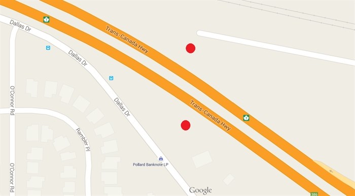 The red dots indicate approximately where the sewage spilled onto both sides of the Trans-Canada highway.