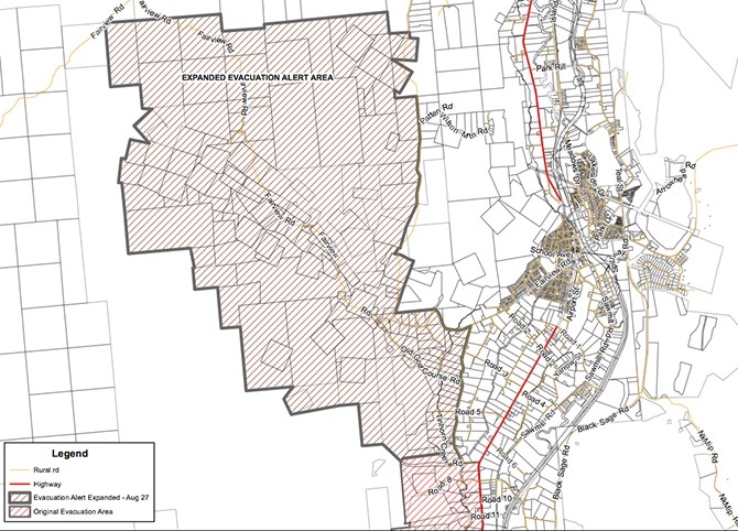 The regional district has issued an expansion notice of the evacuation alert for the Testalinden Creek fire in anticipation of higher winds.