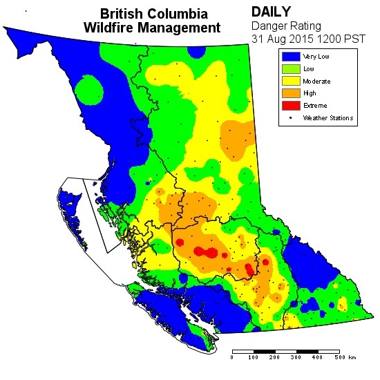 Fire danger rating as of noon Aug. 31, 2015.