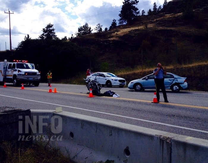 A crash between a car and motorcycle has sent the rider to hospital with non-life threatening injuries, Thursday, Sept. 03, 2015.