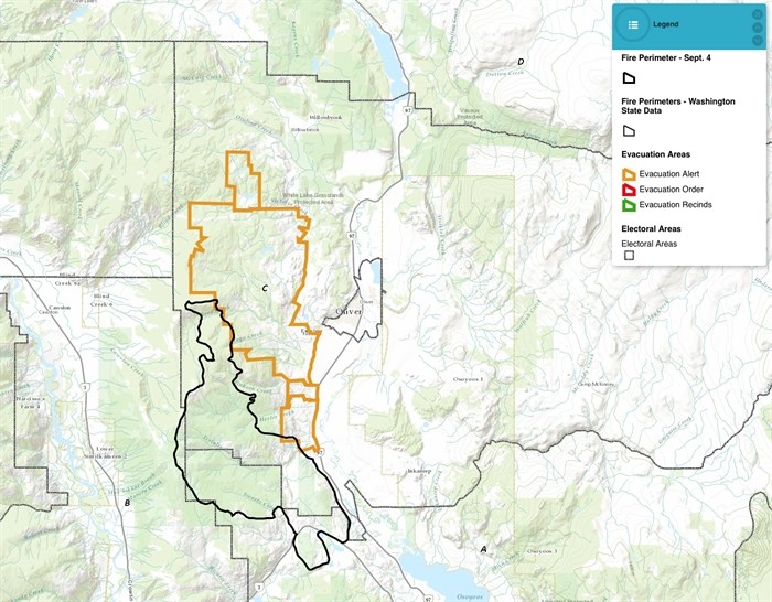 A map of the area currently under an evacuation alert.