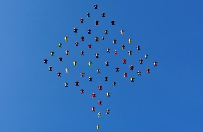 This photo taken, Oct. 17, 2015, and provided by Skydive Perris shows 61 wingsuit skydivers setting a new world record for the largest aerial formation in the sky over Perris, Calif., about 70 miles southeast of Los Angeles. Exiting from three airplanes at 13,5000 feet, flyers formed a diamond shape in flight, covering a distance of more than two miles, before dispersing at 5,500 feet. The record event included participants from 12 countries.
