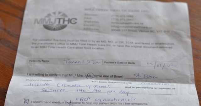 Tanniel's prescription for cannabidiol, the non-psychoative portion of the marijuana plant. 