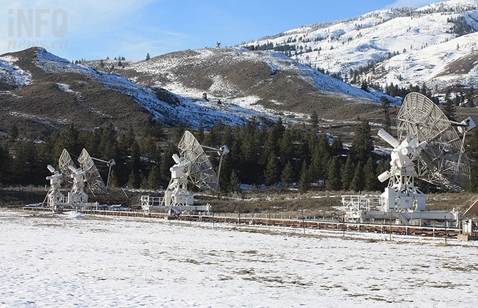 The Synthesis Telescope is made up of several dishes that move back and forth on the observatory property on rails.