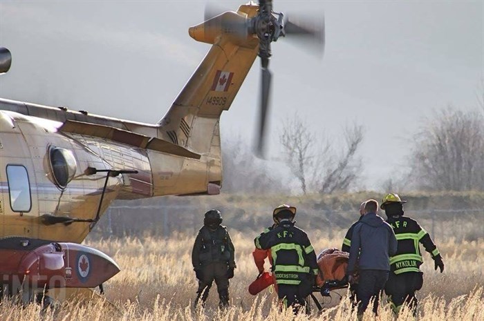 After crews successfully pulled the injured man from the vehicle using the jaws of life, he's transported to the CH-149 Cormorant helicopter for medevac