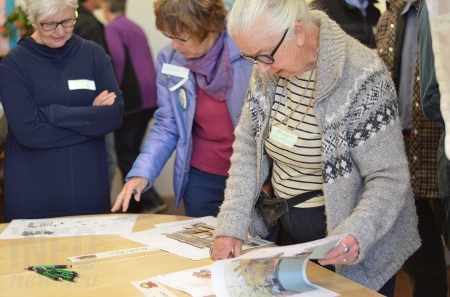 Vernon resident Sharon Lawrence looks at conceptual drawings for one of the blueprints submitted in the tiny home design challenge. 