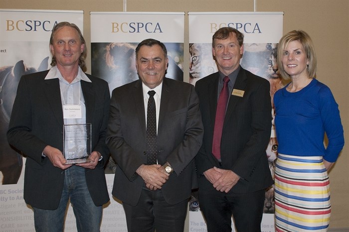 Kamloops veterinarian and co-owner of Aberdeen Veterinary Hospital Dr. Ken Gummeson, left, Abbotsford South MLA Darryl Plecas, B.C. SPCA CEO Craig Daniell and B.C. SPCA board president Marylee Davies. Photo by Sarah Martin.