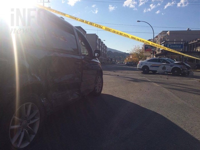 The intersection of Seymour Street and 6 Avenue is taped off following a two-vehicle crash involved a RCMP cruiser, Friday, Sept. 30, 2016.