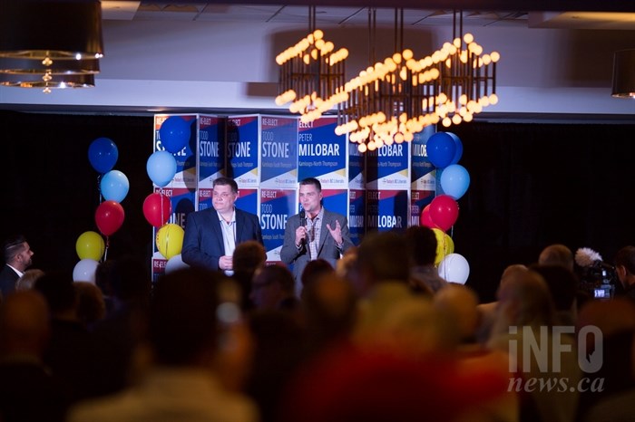 Peter Milobar and Todd Stone take the stage for their acceptance speeches at Hotel 540.