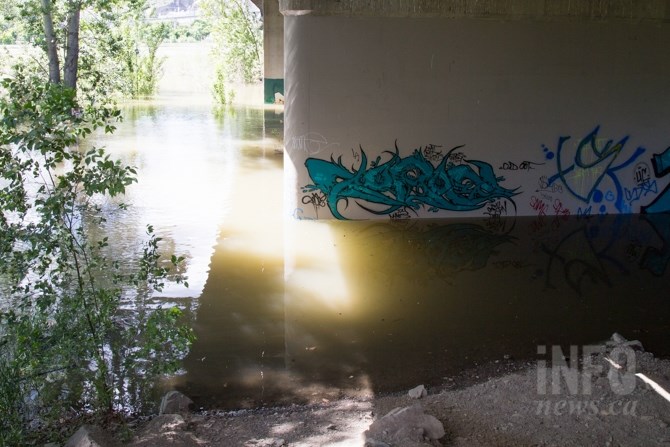 High water under the Overlanders Bridge.