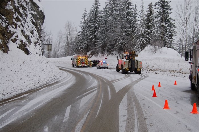 A crash between a semi and a SUV on Highway 1 east of Revelstoke, Sunday, Feb. 25, 2018.