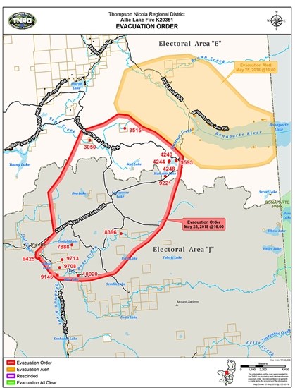 A map of the areas under evacuation orders and alerts due to the Allie Lake wildfire on May 26, 2018.