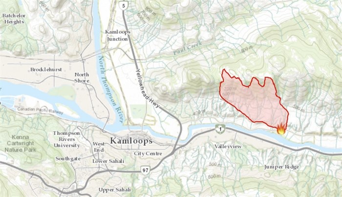 A screenshot of the active wildfire in Kamloops from the BC Wildfire Service website. 