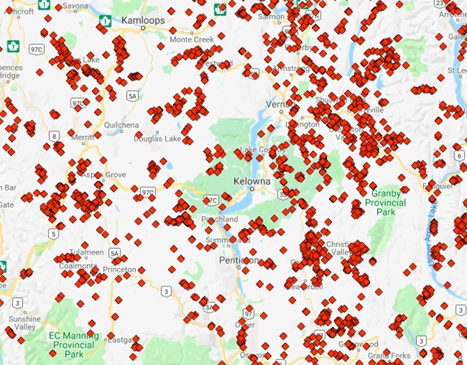 B.C. Wildfire Open Fire Tracking System map showing locations where category three burn locations have been permitted. NOTE: Fires are not burning simultaneously at all locations.