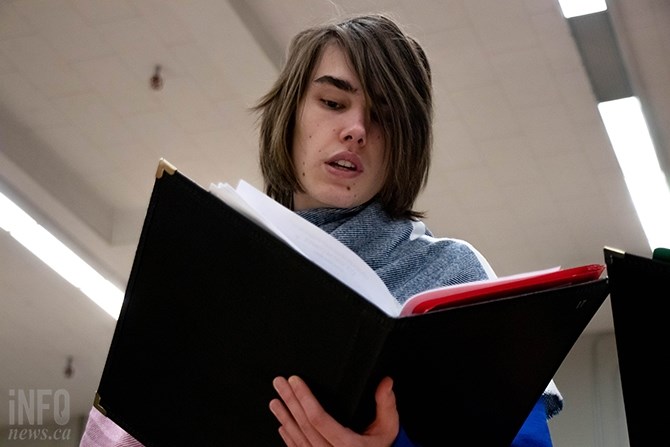 Aiden Henderson, age 17, took up choir last year to improve his voice for musical theatre. He is preparing to attend Capilano University to study acting after he graduates. His music director, Ellen McMillan says, 