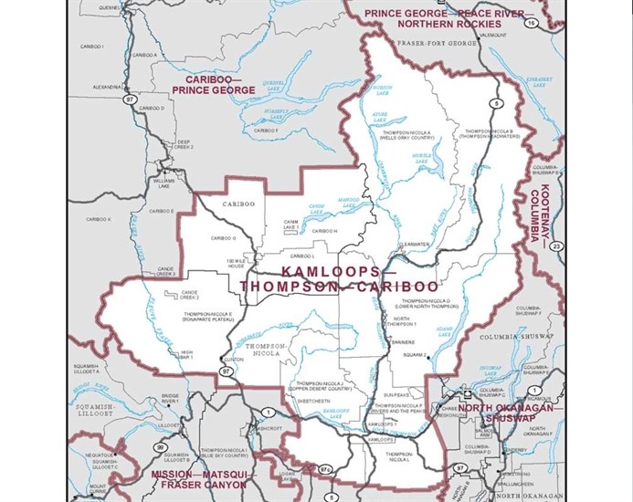 A map showing the federal electoral district of the Kamloops-Thompson-Cariboo riding.