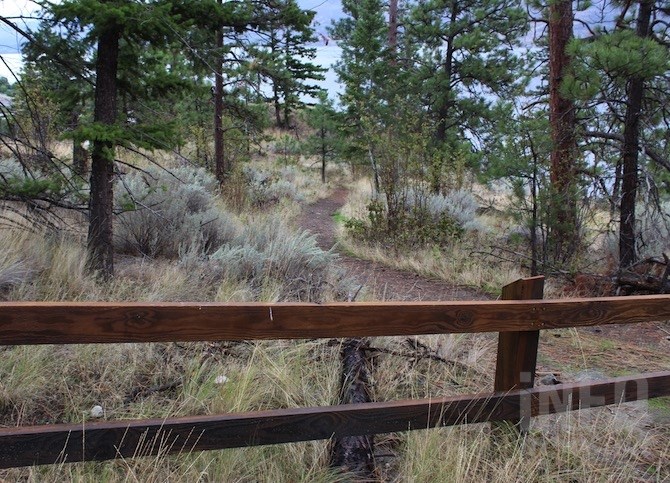 This fence blocks off access to West Kelowna from Goats Peak Regional Park because the trail behind it is on private land.