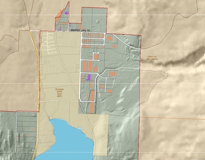 This map shows the northern boundary of Kelowna reaching into Lake Country north of Beaver Lake Road, along with Okanagan Indian Band Reserve #7