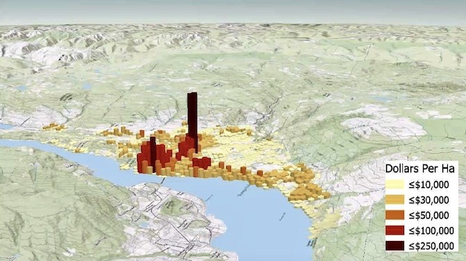 This is how many tax dollars are collected per hectare in different parts of the city.