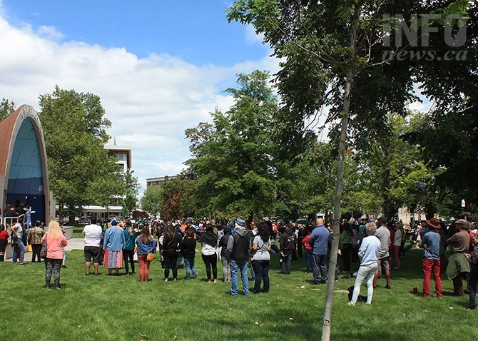 The threat of a sudden downpour failed to keep Penticton residents from congregating at Gyro Park this afternoon to rally against racism.