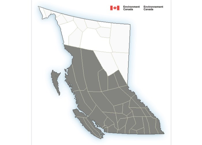 A huge swath of the province is being impacted by wildfire smoke from blazes in the wester U.S. as seen in this map from Environment Canada showing where air quality warnings have been issued.