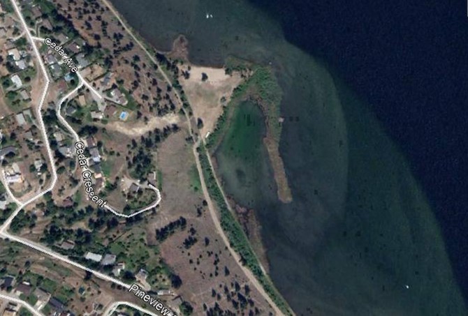 Sickle Point along the shore of Skaha Lake near Kaleden in 2018, showing an area cleared by a private landowner.