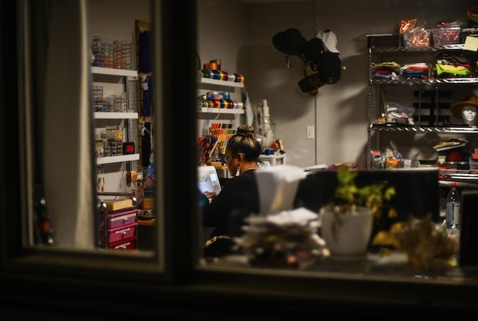 Joan Alexis works into the night in her studio on the Okanagan Indian Band to provide masks to all who need them.