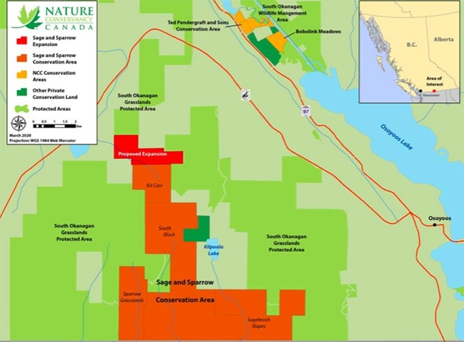 Location of the recently acquired addtion to the Sage and Sparrow Conservation Area in the South Okanagan.