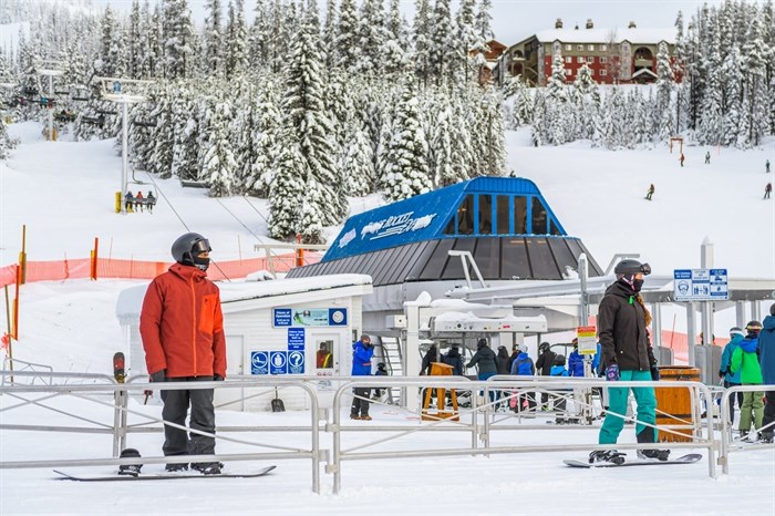 Lining up in single-file at Big White Ski Resort.