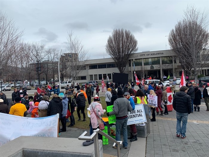 Rallies protesting COVID-19 restriction are held every Saturday in downtown Kelowna. The organizer has received two $2,300 fines.