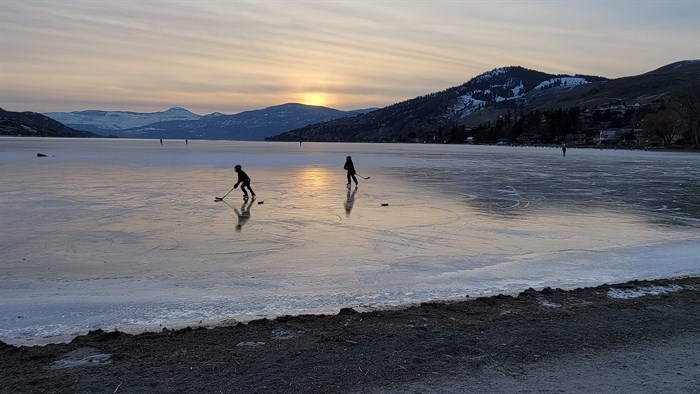 Skates enjoy some shinny along Kin Beach in Vernon, Feb. 12.