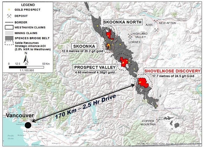 Westhaven Gold's Shovelnose project is in the Spences Bridge Gold Belt.