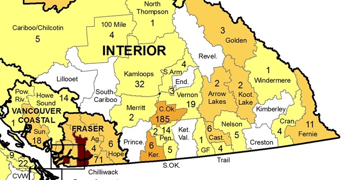 This map shows the new cases of COVID-19 in Local Health Areas for the week of May 9-15.