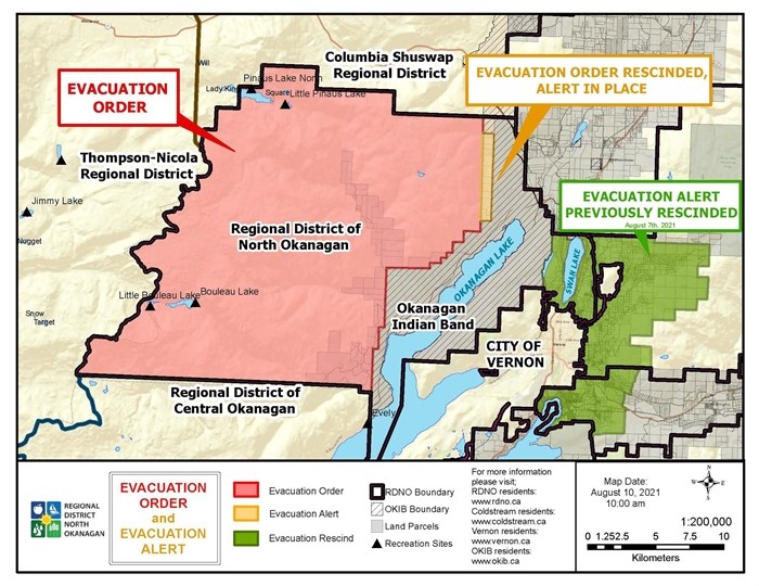 This map indicates which parts of the RDNO are under evacuation orders and alerts on Aug. 10, 2021.