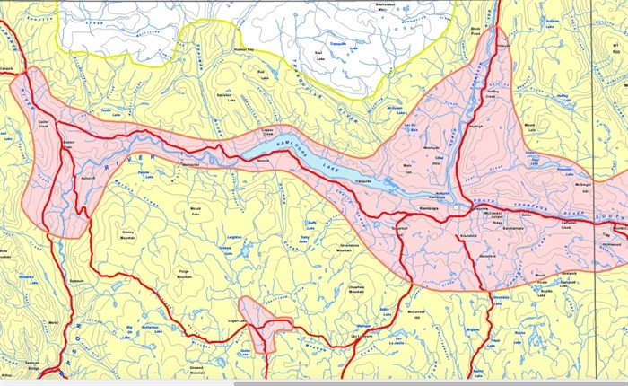 The light coloured areas inside the red circles are high sensitivity areas, yellow are medium and white outside the circles are low.