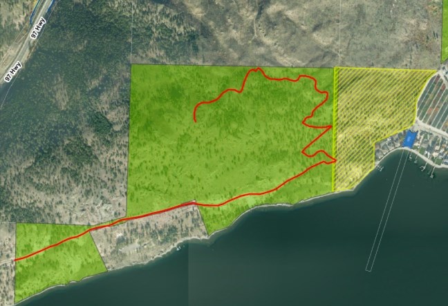 This shows the new parkland in the yellow hatched section. the red line is the existing trail network in Goats Peak Regional Park.