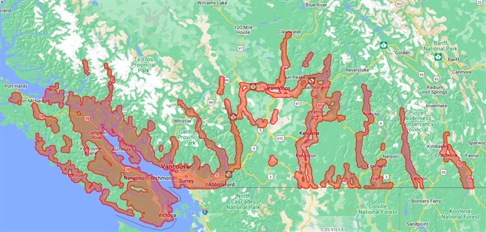 Kamloops and the Okanagan are among the areas highlighted on this map of high-risk Lyme areas in B.C.