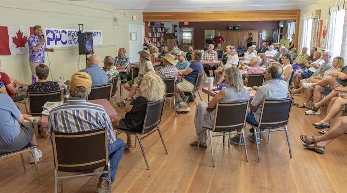 Maxime Bernier, leader of the People's Party of Canada, speaks to supporters in Summerland on Aug. 18, 2022.